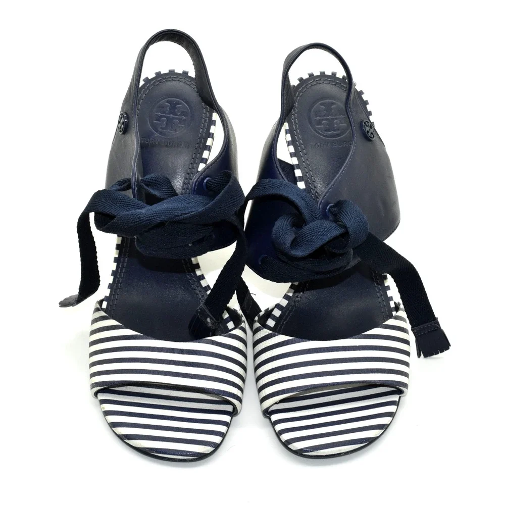 B0 Auth TORY BURCH Navy & White Striped Leather Maritime Wedge Sandals Size 6.5M